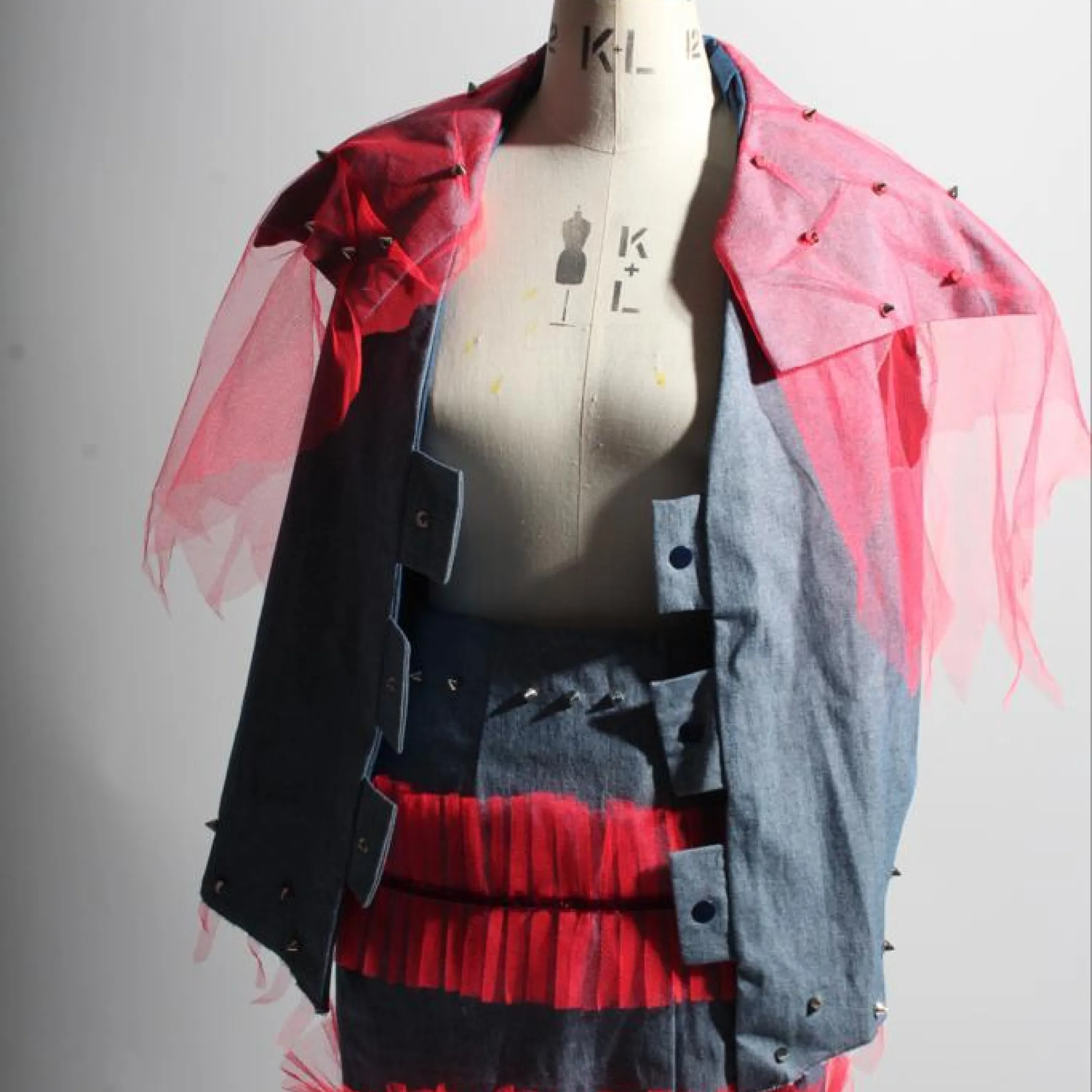 Front view of mini skirt and jacket